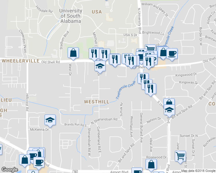map of restaurants, bars, coffee shops, grocery stores, and more near 5922 Windham Court in Mobile
