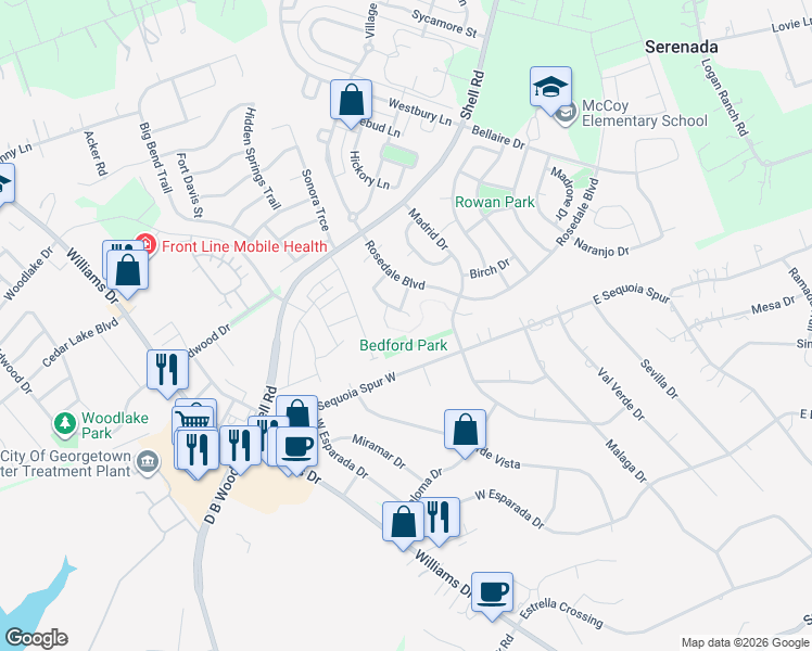 map of restaurants, bars, coffee shops, grocery stores, and more near 603 Fairmont Drive in Georgetown