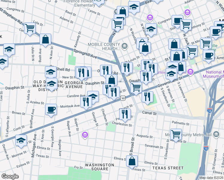 map of restaurants, bars, coffee shops, grocery stores, and more near 921 Dauphin Street in Mobile