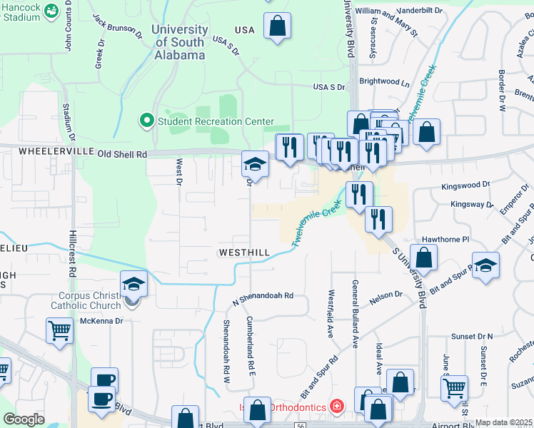 map of restaurants, bars, coffee shops, grocery stores, and more near 5922 Windham Court in Mobile