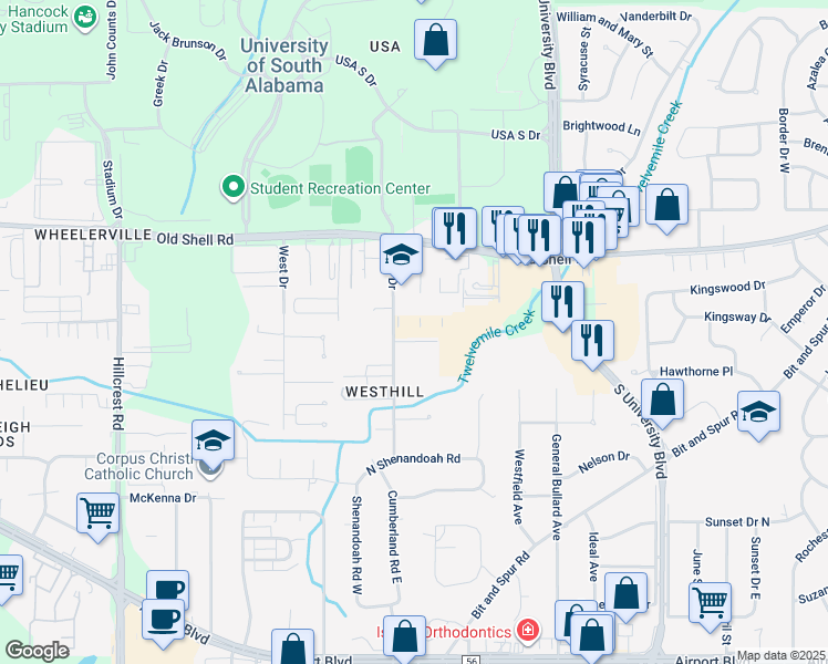 map of restaurants, bars, coffee shops, grocery stores, and more near 5922 Windham Court in Mobile