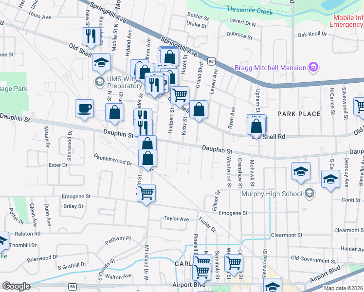 map of restaurants, bars, coffee shops, grocery stores, and more near 1 Elizabeth Place in Mobile