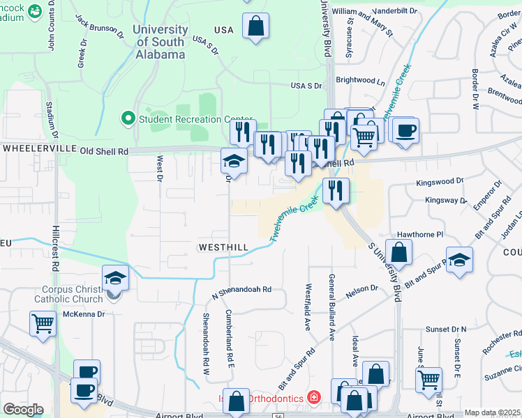 map of restaurants, bars, coffee shops, grocery stores, and more near 5904 Windham Court in Mobile