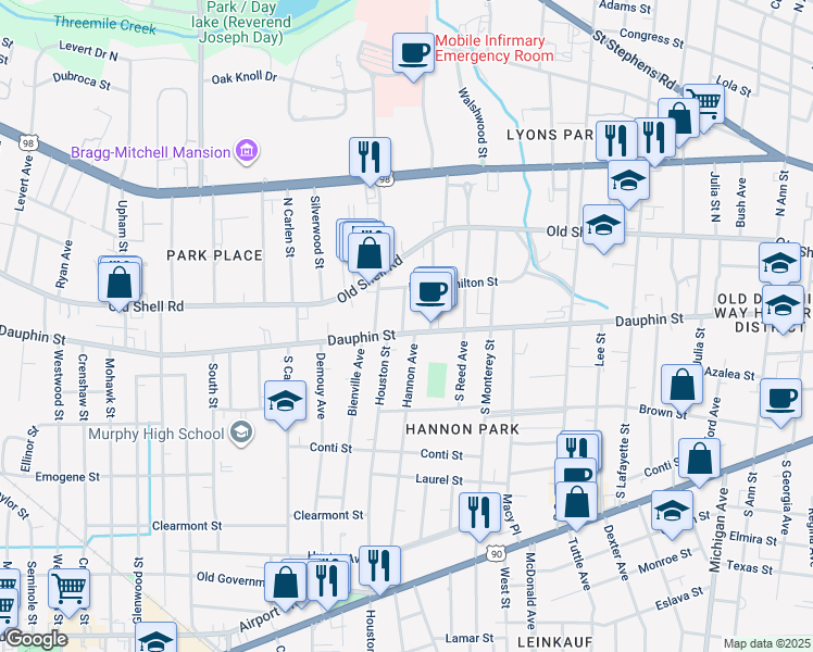 map of restaurants, bars, coffee shops, grocery stores, and more near 1760 Dauphin Street in Mobile