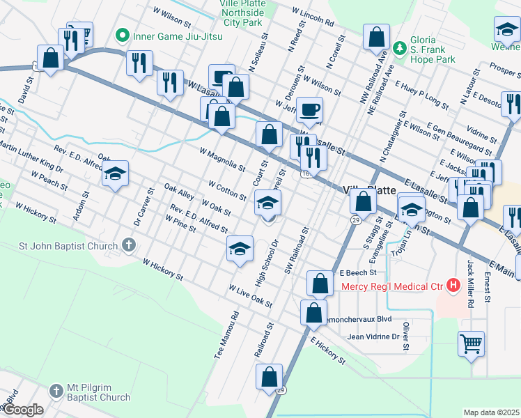 map of restaurants, bars, coffee shops, grocery stores, and more near 300 West Cotton Street in Ville Platte