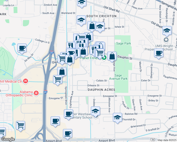 map of restaurants, bars, coffee shops, grocery stores, and more near 75 Midtown Park East in Mobile