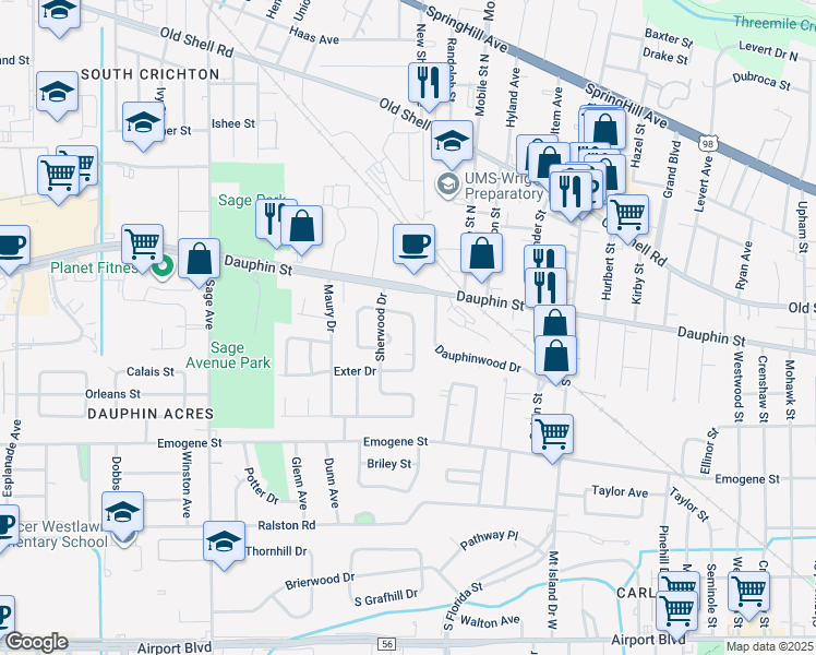map of restaurants, bars, coffee shops, grocery stores, and more near 16 East Chadwick Drive in Mobile