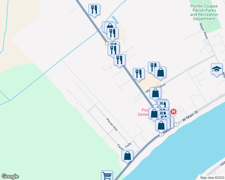 map of restaurants, bars, coffee shops, grocery stores, and more near 2402 False River Drive in New Roads