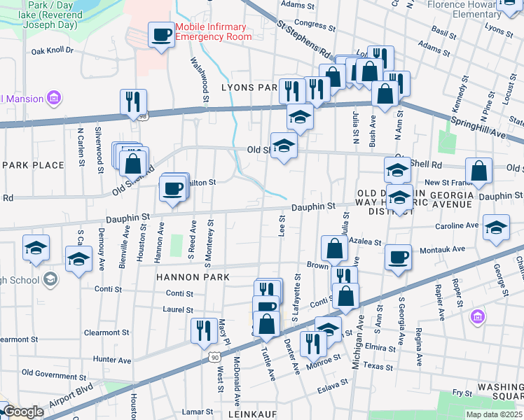 map of restaurants, bars, coffee shops, grocery stores, and more near 1555 Dauphin Street in Mobile