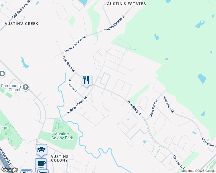 map of restaurants, bars, coffee shops, grocery stores, and more near Thornberry Drive in Bryan