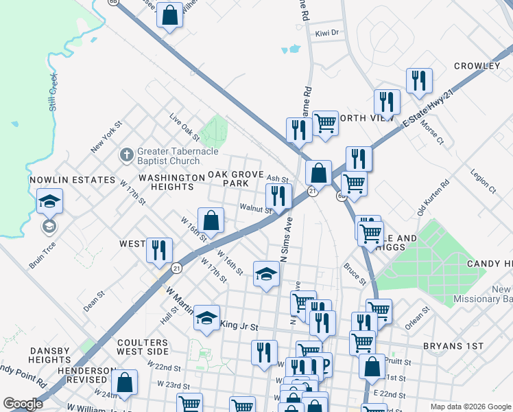 map of restaurants, bars, coffee shops, grocery stores, and more near 508 Walnut St in Bryan