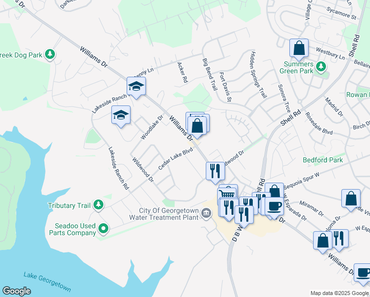 map of restaurants, bars, coffee shops, grocery stores, and more near 4632-4798 Williams Dr in Georgetown