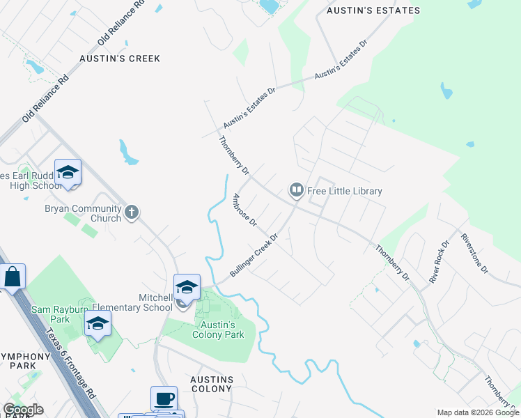 map of restaurants, bars, coffee shops, grocery stores, and more near 2902 Ascot Court in Bryan