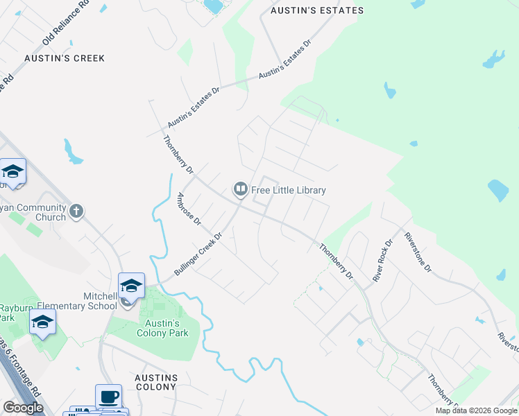 map of restaurants, bars, coffee shops, grocery stores, and more near Thornberry Drive in Bryan