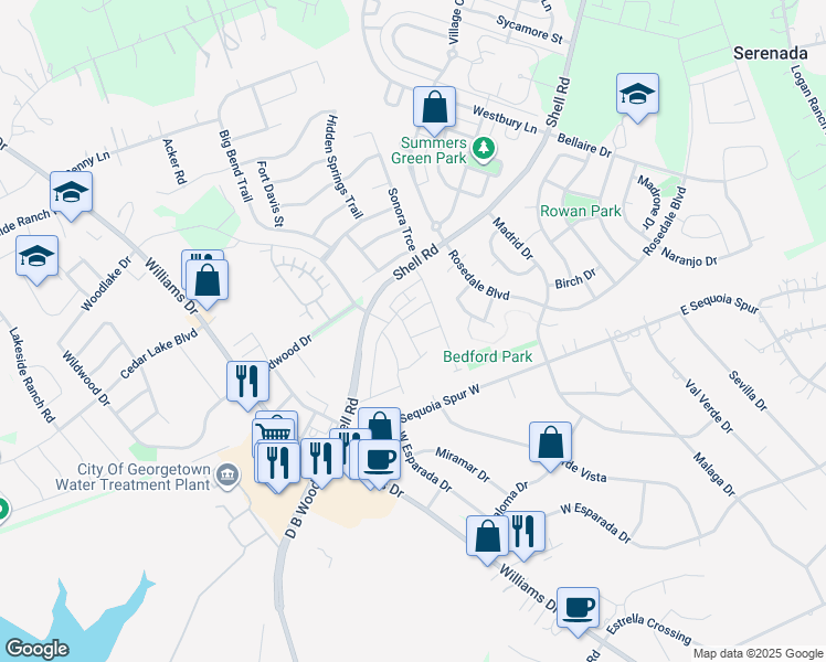 map of restaurants, bars, coffee shops, grocery stores, and more near 101 Red Rose Drive in Georgetown