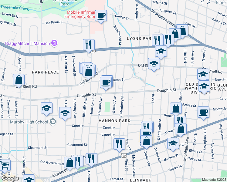 map of restaurants, bars, coffee shops, grocery stores, and more near 1706 Dauphin Street in Mobile