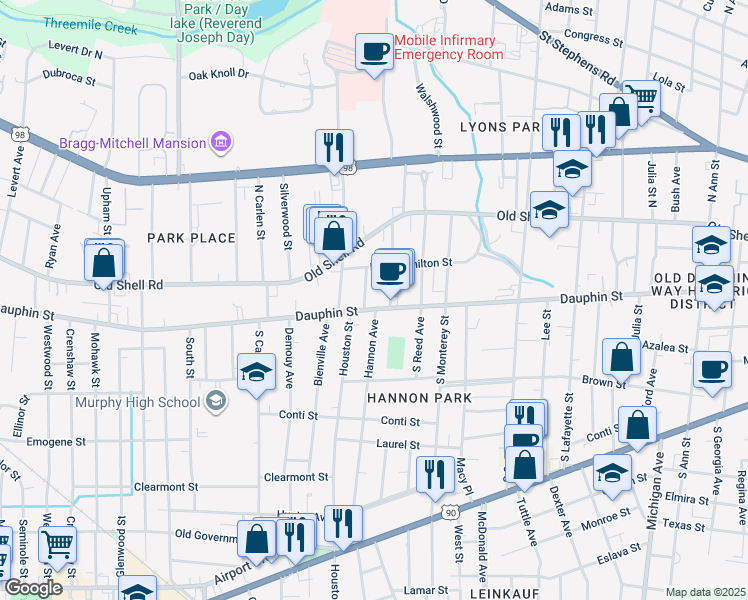 map of restaurants, bars, coffee shops, grocery stores, and more near 1760 Dauphin Street in Mobile