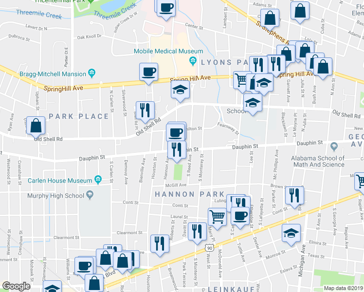 map of restaurants, bars, coffee shops, grocery stores, and more near 1706 Dauphin Street in Mobile