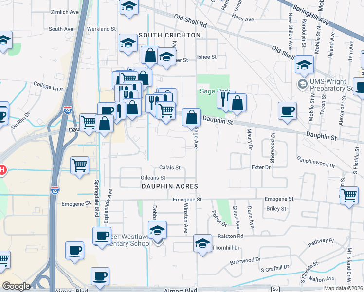 map of restaurants, bars, coffee shops, grocery stores, and more near 38 Cullen Drive in Mobile