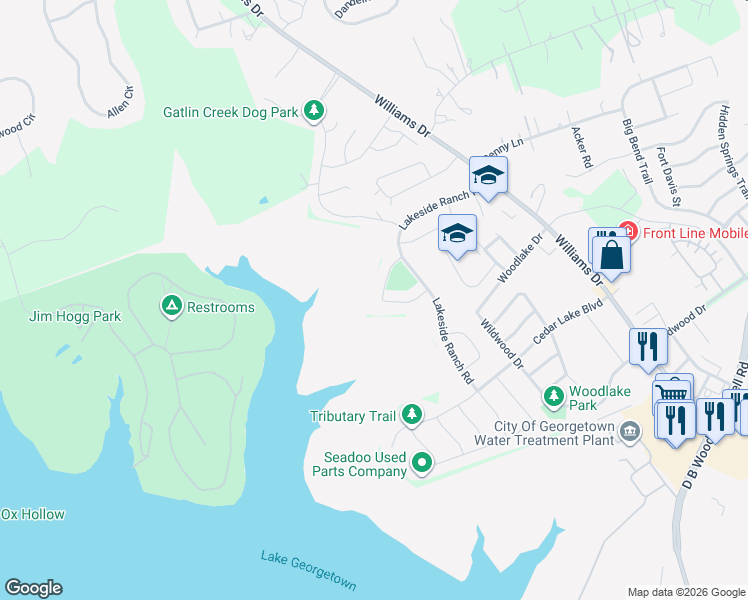map of restaurants, bars, coffee shops, grocery stores, and more near 140 Lake Rim Circle in Georgetown