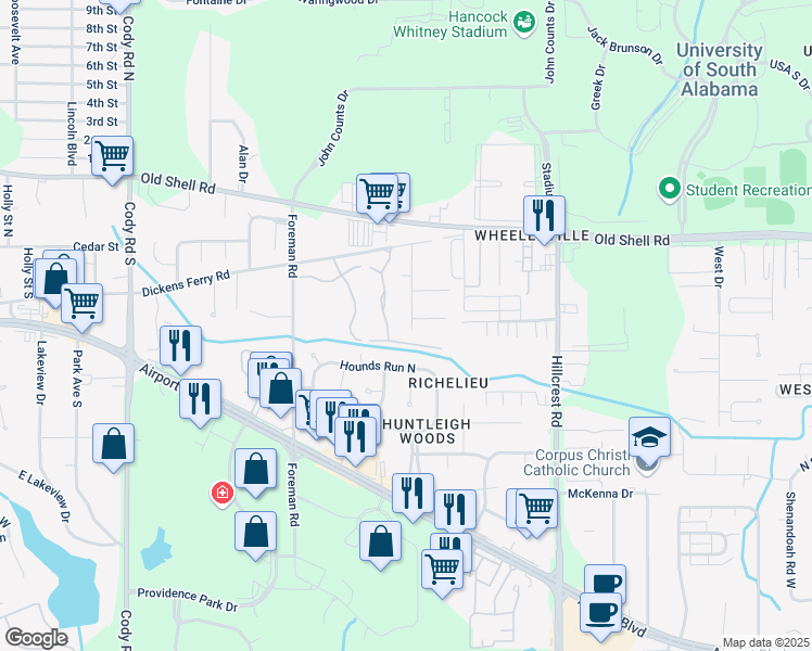 map of restaurants, bars, coffee shops, grocery stores, and more near 200 Burtonwood Drive in Mobile