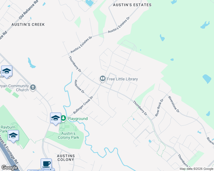 map of restaurants, bars, coffee shops, grocery stores, and more near Thornberry Drive in Bryan