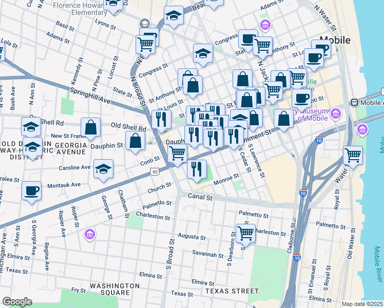 map of restaurants, bars, coffee shops, grocery stores, and more near 754 Government Street in Mobile