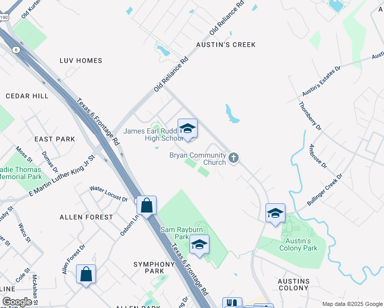 map of restaurants, bars, coffee shops, grocery stores, and more near 3251 Austins Colony Parkway in Bryan