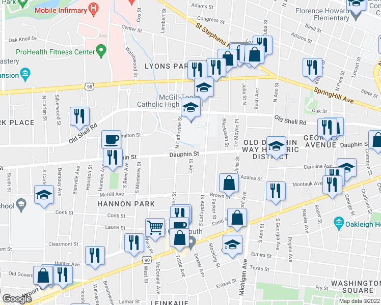 map of restaurants, bars, coffee shops, grocery stores, and more near in Mobile