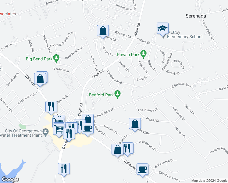 map of restaurants, bars, coffee shops, grocery stores, and more near 803 Bedford Court in Georgetown