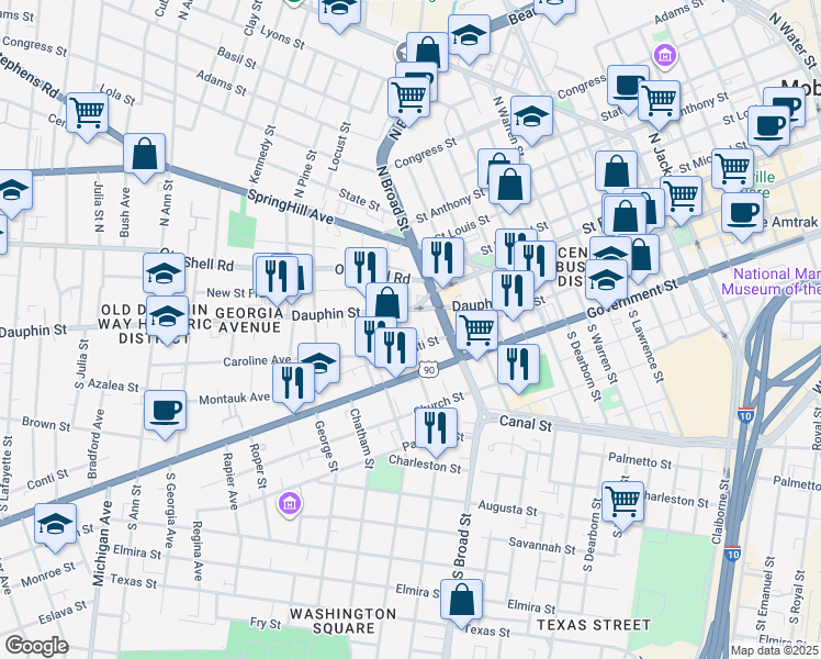 map of restaurants, bars, coffee shops, grocery stores, and more near 911 Dauphin Street in Mobile
