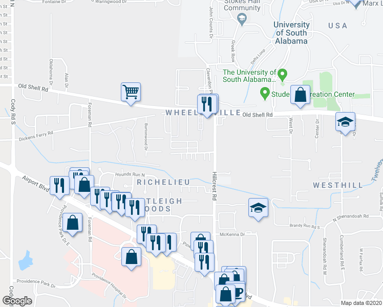 map of restaurants, bars, coffee shops, grocery stores, and more near 6512 Cedar Bend Court in Mobile