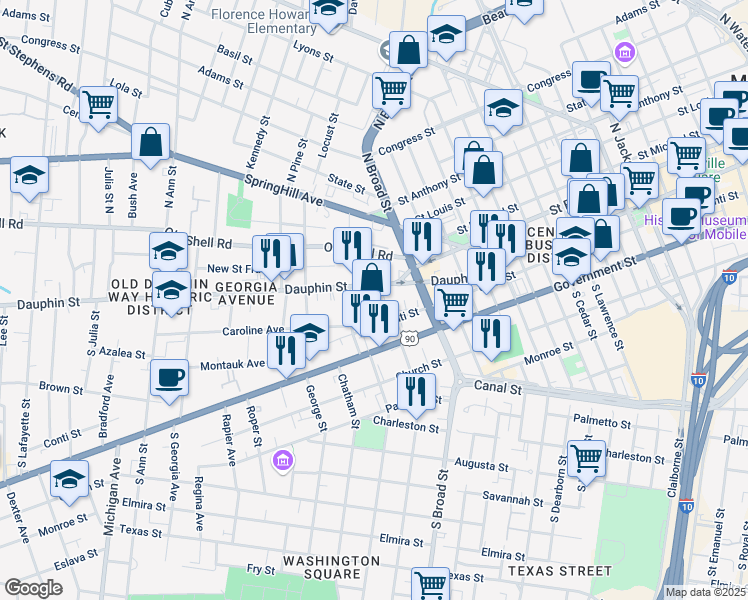 map of restaurants, bars, coffee shops, grocery stores, and more near 918 Conti St in Mobile