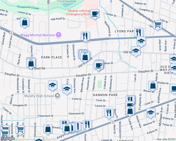 map of restaurants, bars, coffee shops, grocery stores, and more near 1800 Dauphin Street in Mobile