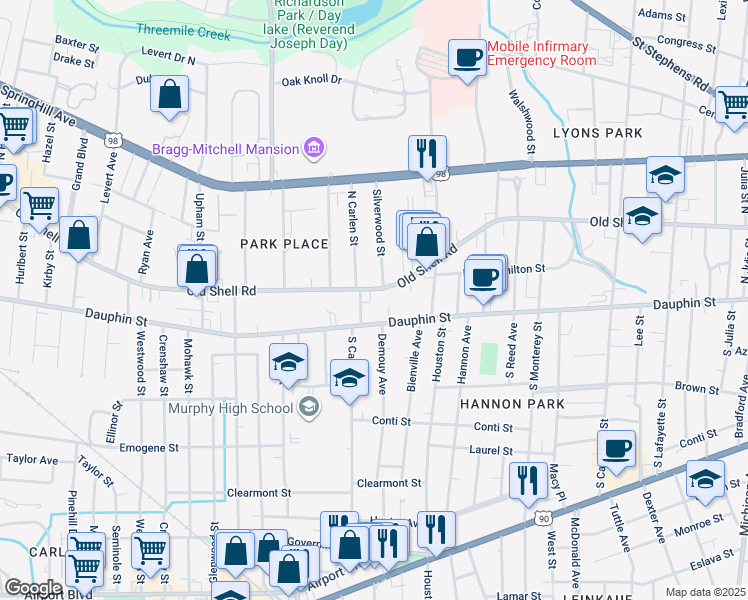 map of restaurants, bars, coffee shops, grocery stores, and more near 1852 Dauphin Street in Mobile