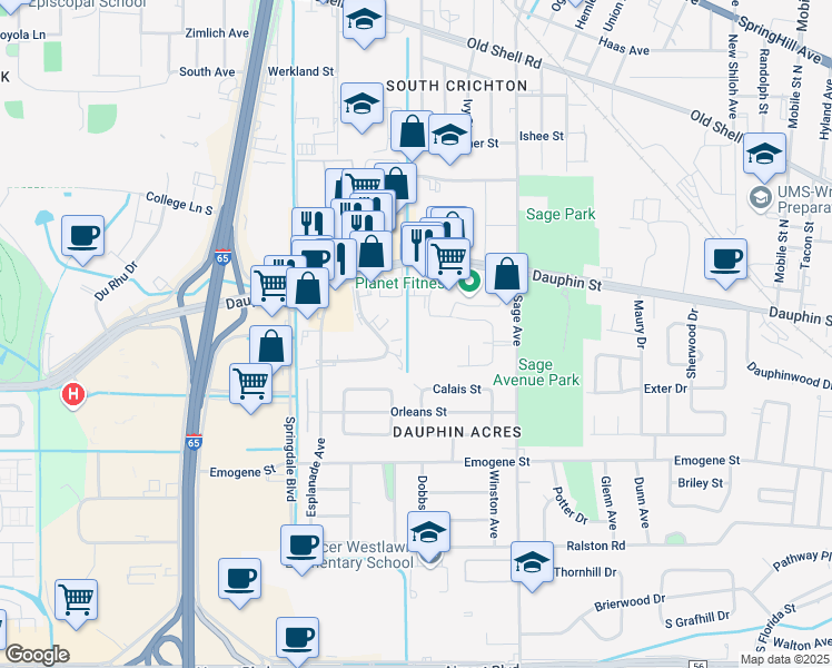 map of restaurants, bars, coffee shops, grocery stores, and more near 75 Midtown Park East in Mobile