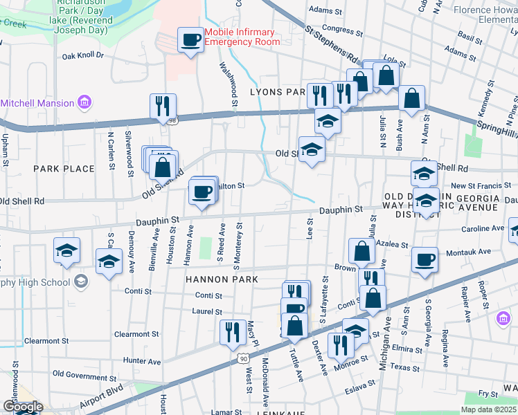 map of restaurants, bars, coffee shops, grocery stores, and more near 1574 Dauphin Street in Mobile