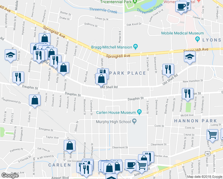 map of restaurants, bars, coffee shops, grocery stores, and more near 2051 Old Shell Road in Mobile