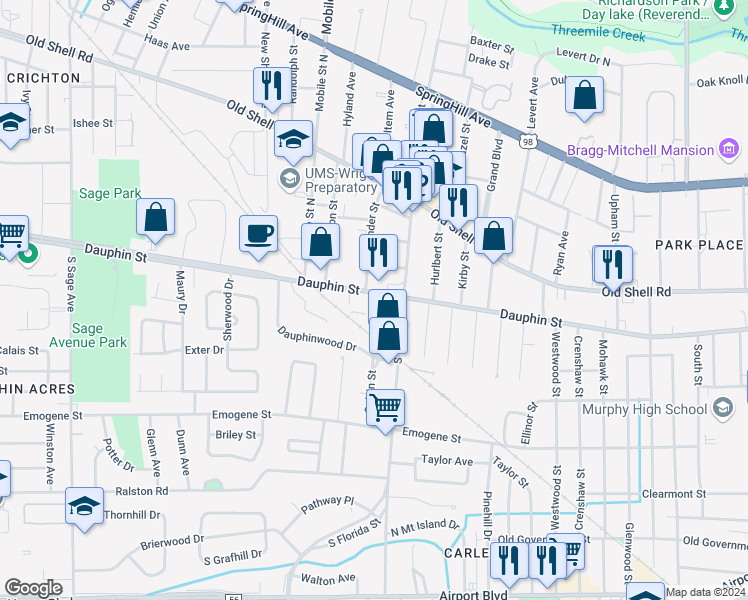 map of restaurants, bars, coffee shops, grocery stores, and more near 2565 Dauphin Street in Mobile
