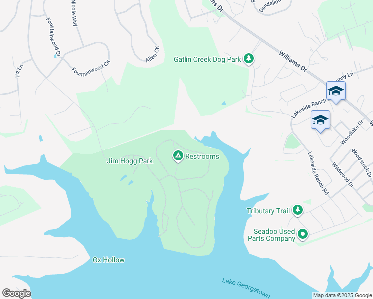map of restaurants, bars, coffee shops, grocery stores, and more near Park Road 2 in Georgetown