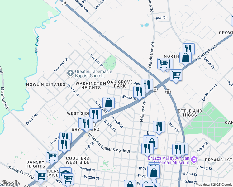 map of restaurants, bars, coffee shops, grocery stores, and more near 701 Walnut Street in Bryan