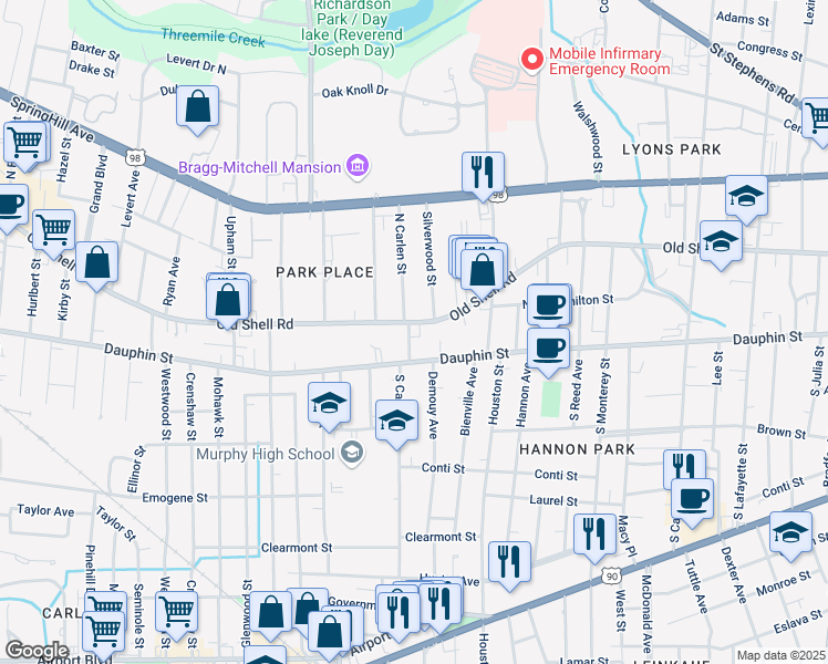 map of restaurants, bars, coffee shops, grocery stores, and more near 1852 Dauphin Street in Mobile