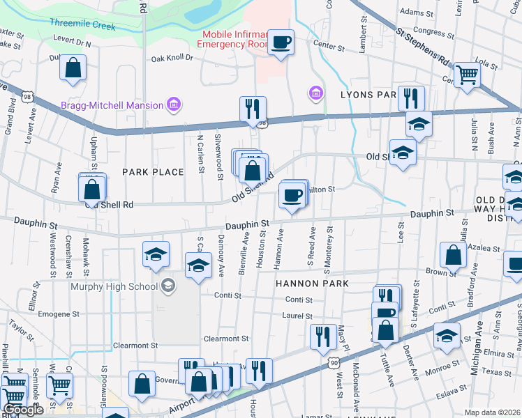 map of restaurants, bars, coffee shops, grocery stores, and more near 1800 Dauphin Street in Mobile