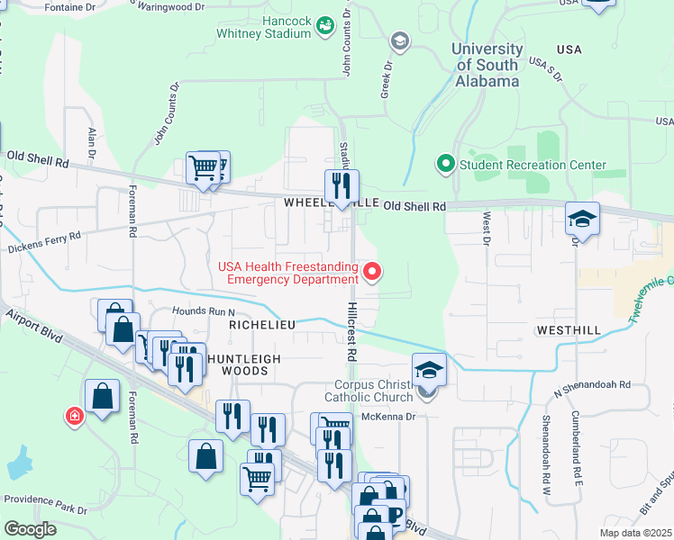 map of restaurants, bars, coffee shops, grocery stores, and more near 6401 Cedar Bend Court in Mobile
