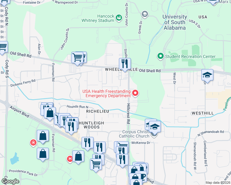 map of restaurants, bars, coffee shops, grocery stores, and more near 338 Cedar Bend Court in Mobile