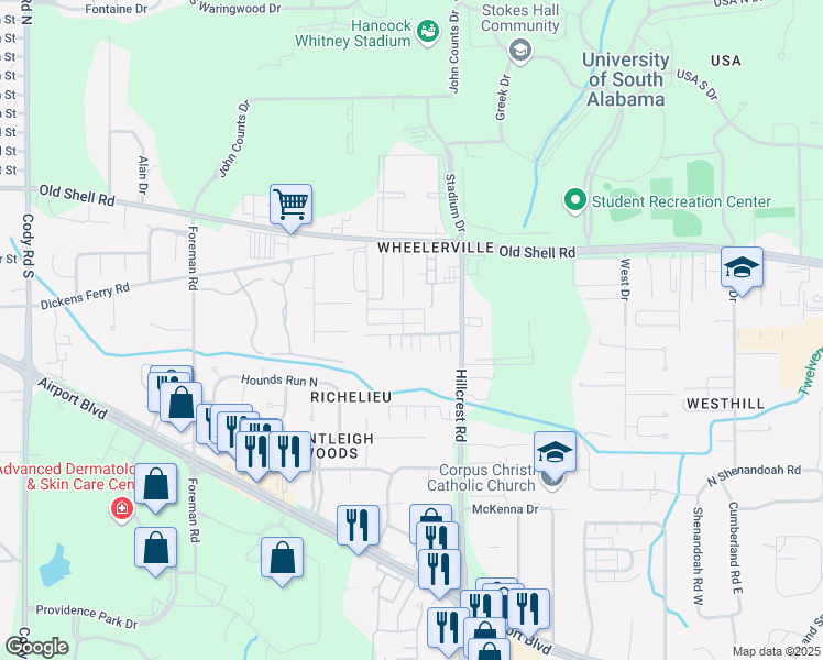 map of restaurants, bars, coffee shops, grocery stores, and more near 338 Cedar Bend Court in Mobile