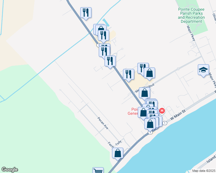 map of restaurants, bars, coffee shops, grocery stores, and more near 2402 False River Drive in New Roads