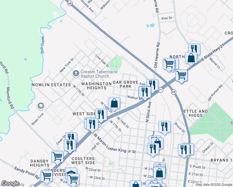 map of restaurants, bars, coffee shops, grocery stores, and more near 801 Jenkins Street in Bryan