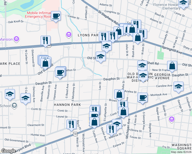 map of restaurants, bars, coffee shops, grocery stores, and more near in Mobile