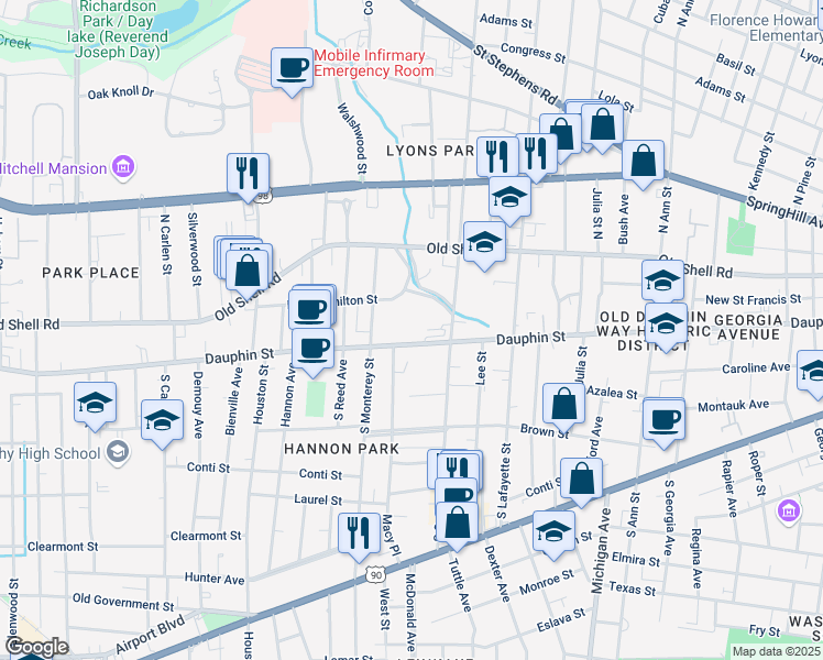 map of restaurants, bars, coffee shops, grocery stores, and more near 1574 Dauphin Street in Mobile